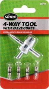 Slime's 4-Way Valve Tool with 4 Valve Cores is compatible for all vehicle valves as well as air conditioning units. The 4-way tool helps in removing valve cores and replacing them with the new units included. Replacing valve cores is part of maintaining proper tire pressure which reduces fuel consumption and maximizes tire life. Best of all the process is simple.