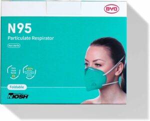 This product has a filter efficiency of 95% or greater against solid and liquid aerosols free of oil. Manufactured by BYD Precision Manufacture Co., LTD (NIOSH Approval No. 84A-9221) The mask consists of three layers of high quality nonwoven materials: the outer and inner layers are made of polypropylene spunbond nonwoven fabric; the middle layer is made of polypropylene melt-blown nonwoven fabric.